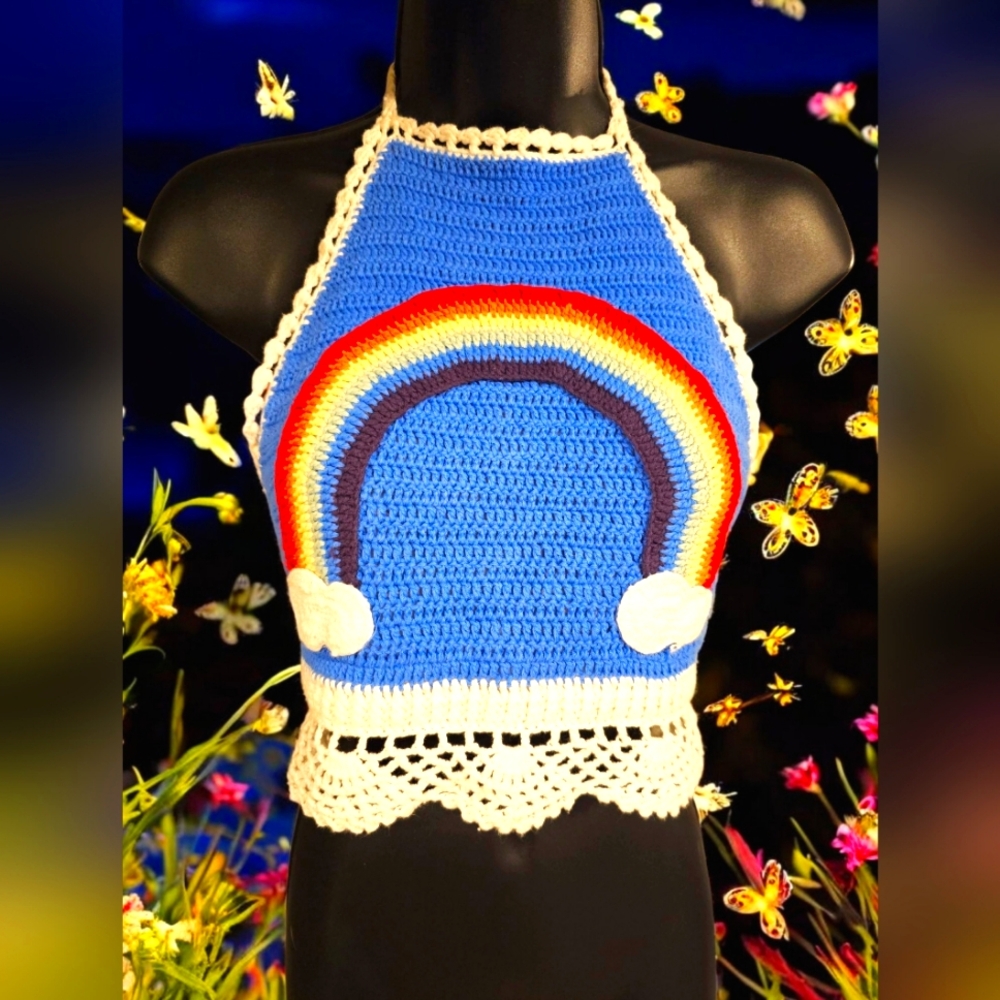 Rainbow Crochet Cropped Halter XS